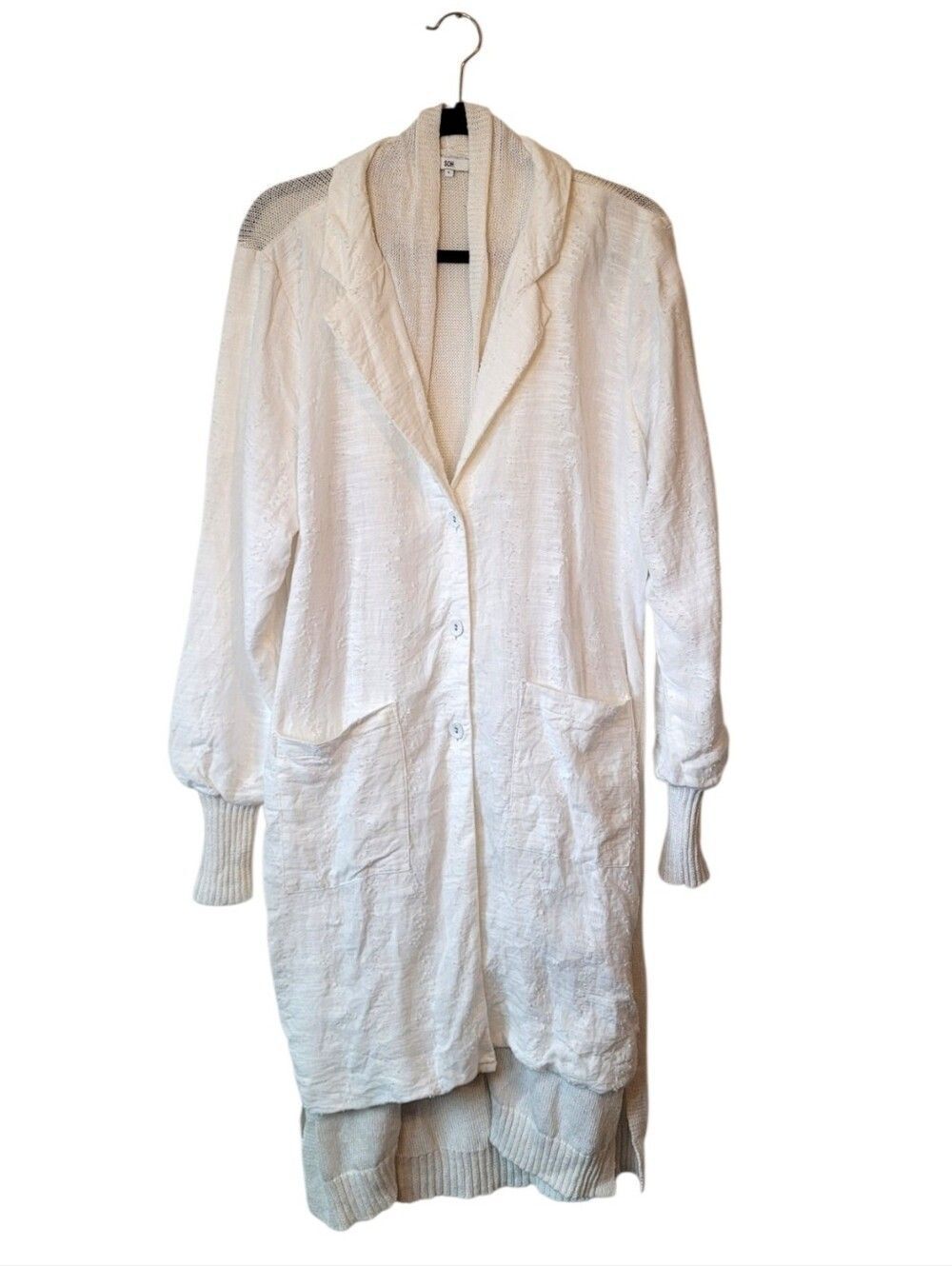 SOH Long Linen Cotton Ivory Knit Cardigan Coatigan Button Front Size L